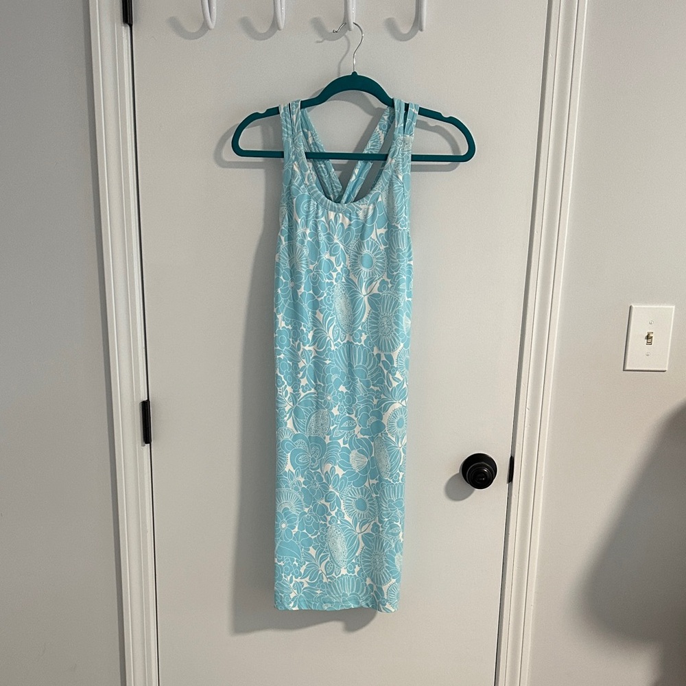 Title Nine Women’s Blue and White Floral Athletic Tank Dress with Built in Bra